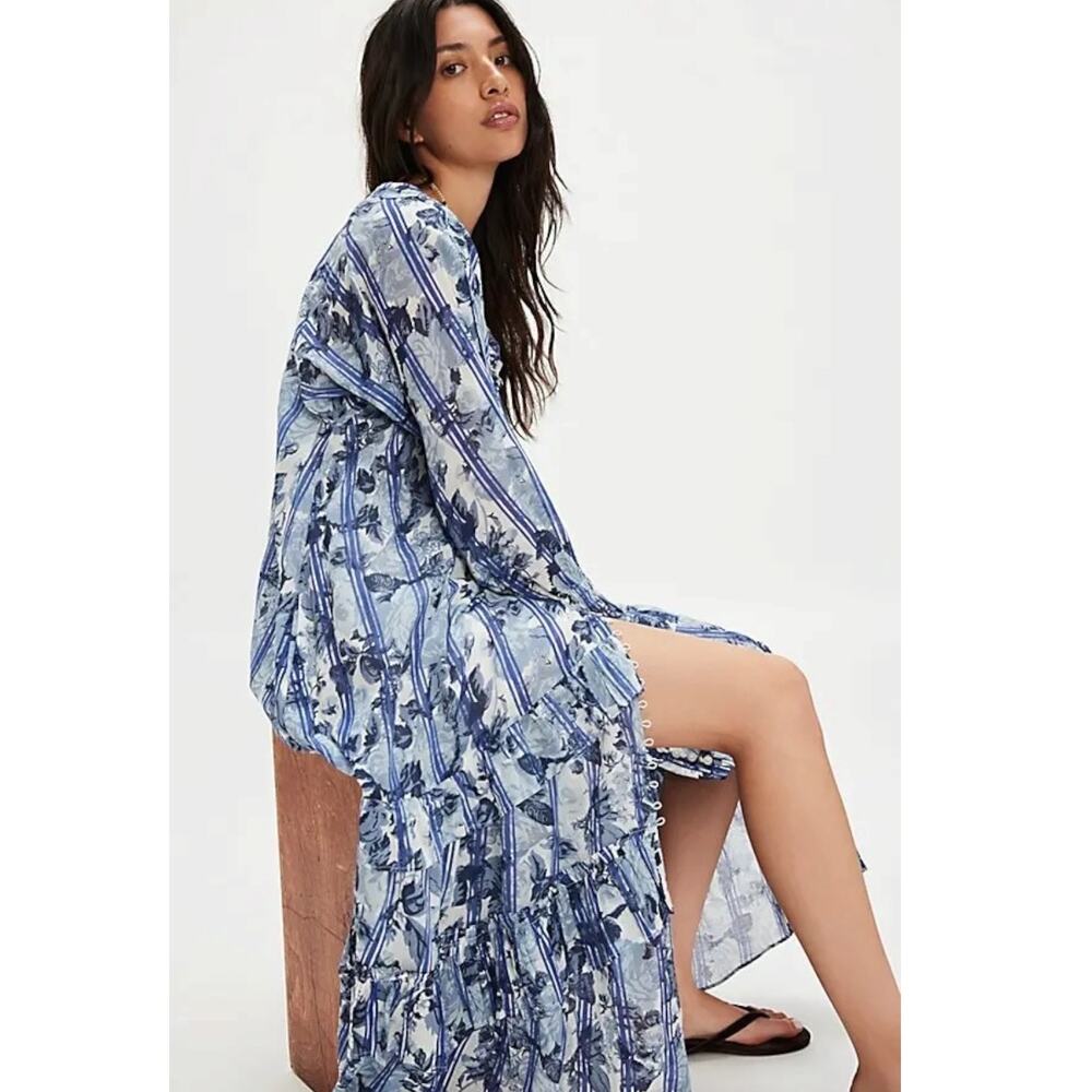 Free People Dainty Ruffle Cottage Garden Wonders Maxi Dress in Blue Combo XL - Picture 3 of 12